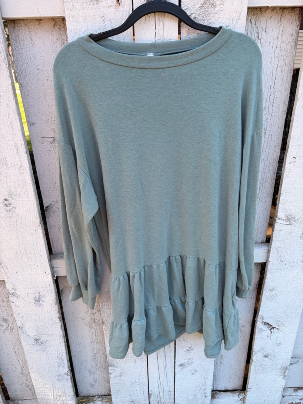 Relaxed Ruffle-Hem Long Sleeve casual dress- Sage Green
